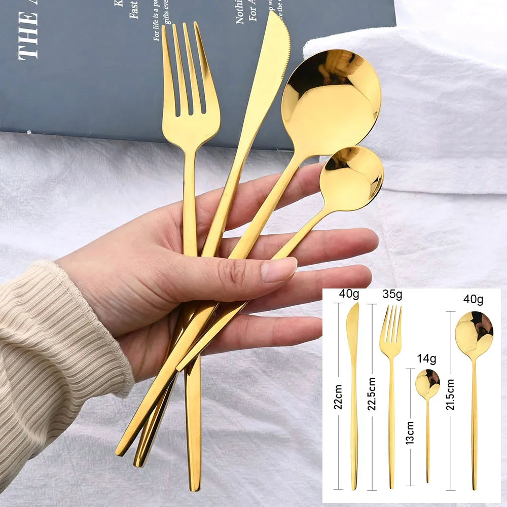 24Pcs Black Handle Golden Cutlery Set Stainless Steel Knife Fork Spoon Tableware Flatware Set Festival Kitchen Dinnerware