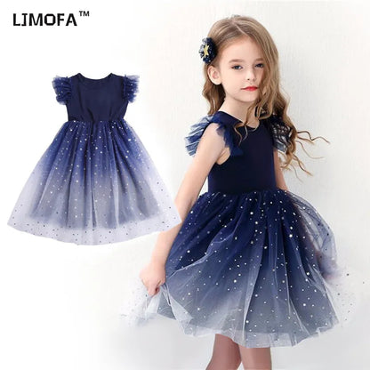 LJMOFA Summer Girl Dress Princess Star Sleeveless Tulle Tutu Dress for 4-8Y Kids Birthday Party Shaggy Dress Child