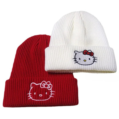 Sanrio Hello Kitt Cap Winter Anime Print Beanie Knit Hat Outdoor Warming  Warm Headgear Student Anime Girls Ear Protection Cap