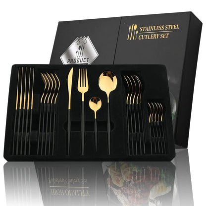 24Pcs Black Handle Golden Cutlery Set Stainless Steel Knife Fork Spoon Tableware Flatware Set Festival Kitchen Dinnerware