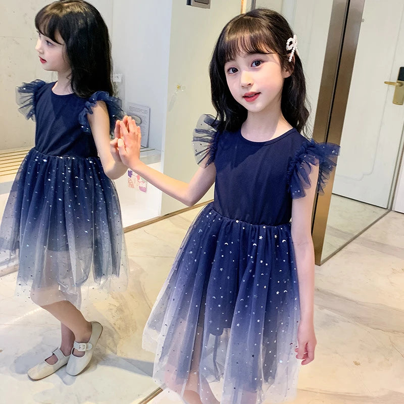 LJMOFA Summer Girl Dress Princess Star Sleeveless Tulle Tutu Dress for 4-8Y Kids Birthday Party Shaggy Dress Child