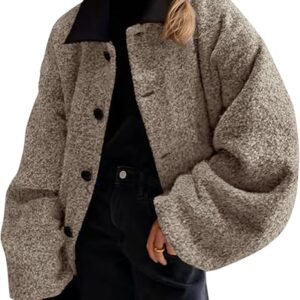 Cicy Bell Women’s Oversized Sherpa Jacket – Patchwork Collar Button-Down Fuzzy Fleece Coat with Pockets