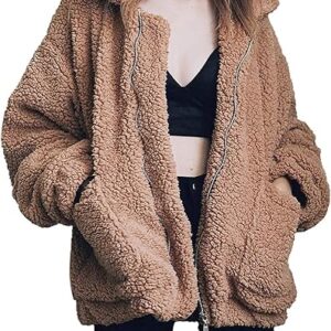 Comeon Women’s Faux Shearling Jacket – Oversized Lapel Fleece Coat with Full-Zip & Pockets