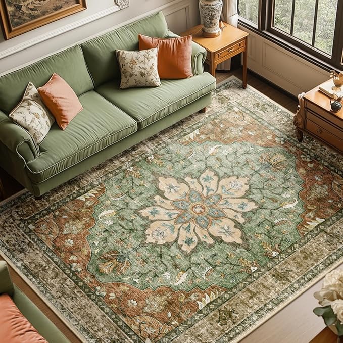 Vintage Medallion 8x10 Washable Area Rug – Non-Slip Distressed Floral Carpet in Rust & Burnt Orange - Image 2