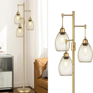 Industrial Gold Tree Floor Lamp – 70" Dimmable Standing Lamp with 3 Teardrop Cage Heads
