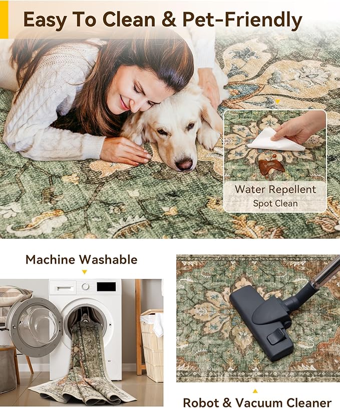 Vintage Medallion 8x10 Washable Area Rug – Non-Slip Distressed Floral Carpet in Rust & Burnt Orange - Image 4