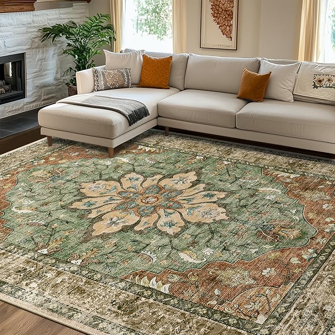 Vintage Medallion 8x10 Washable Area Rug – Non-Slip Distressed Floral Carpet in Rust & Burnt Orange