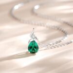 FANCIME 14K Solid White Gold Created Emerald Necklace
